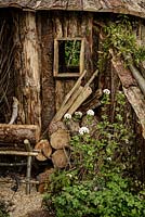Woodcutter's rustic wooden hut with stacked logs, saw horse and woodland planting including Viburnum - The Woodcutter's Garden - RHS Malvern Spring Show 2016. Designer: Mark Walker, Sponsor: Howards Motors