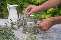 Placing flowered Marjoram herb in candle jar