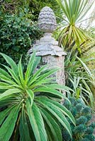 Contrasting foliage around a pineapple topped gate post includes euphorbia, Echium pininana, ivy, phormium and a tall Cordyline australis, the cabbage palm.