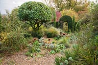 Gravel garden at the back of the cottage is planted with euphorbias, rosemary, lavenders and sedums, plus a portugese laurel, Prunus lusitanica, clipped into a dome shape. A yew archway leads to a woodland garden beyond.