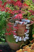 A threaded necklace of flints used to decorate the side of a terracotta pot planted with a Japanese maple. 