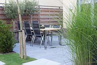 Terrace and wooden fence. Containers with Olea europaea
