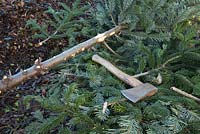 A Christmas tree with branches removed and a hatchet laying on top