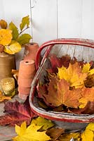 Autumn leaves in trug with terracotta pots and tealight