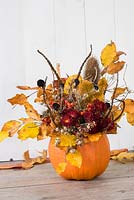 Autumn flower arrangement in pumpkin 'vase' with leaves, chrysanthemums and seedheads
