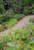 Aerial overview with gravel path winding through perennial borders