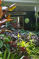 View across tropical garden looking at exterior of B and B in tropical northern Australia.
