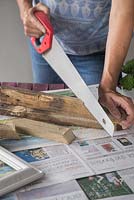 Sawing wooden planks to create box for frame