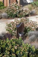 A bronze sculpture with mixed planting of low shrubs and plants featuring Rhaphiolepis 'Snow Maiden', Indian Hawthorn, Virburnum cultivar and Corokia cotoneaster