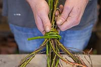 Conceal the string by wrapping Willow stems around it, as well as strengthening the wreath