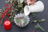 Place the Pine foliage, Eucalyptus and Ilex verticillata berries in the jelly mould and add water