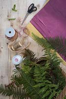 Materials required for decorating and creating natural presents with ferns