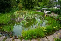 A view of the garden pond and garden furniture, Bluebell cottage Garden, Cheshire