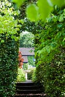 View through tunnel of Carpinus betulus - Hornbeam to the Front Garden and bird bath. Veddw House Garden, Monmouthshire, South Wales. Garden created by Anne Wareham and Charles Hawes.