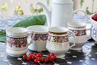 Antique flower decorated porcelain cups with redcurrant truss