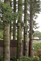 Bat roosting boxes attached to large conifer tree trunks in shady are of a Japanese themed garden.  June, North Yorkshire. 