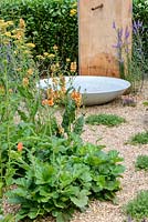 Oak water feature with water bowl - Final5: Retreat Garden, RHS Hampton Court Palace Flower Show 2016, Designed by Martin Royer
