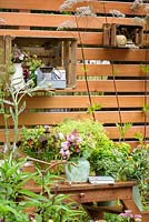 Vases with cut flowers placed on wooden crates used as shelves. Planting includes Alchemilla mollis, Rosa 'Blush Noisette', Eryngiums, Euphorbias, Astrantias, Sweet williams, Grasses and Seedheads. Katie's Lymphoedema Fund : Katie's Garden, RHS Hampton Court Palace Flower Show 2016