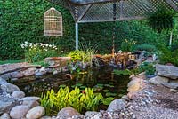 Illuminated rock edged pond with cascading waterfall and Pontederia cordata - Pickerel Weed, pink Nymphaea - Water Lilies, Typha latifolia - Common Cattails bordered by Hosta, white Leucanthemum vulgare - Ox-eye daisy and orange Hemerocallis - Dayllily flowers at dusk in summer