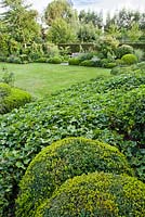 View of the garden sloping down to lawn and borders. Anneke Meinhardt garden