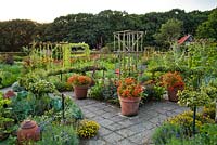 Kitchen garden with central pointed terracotta planted with begonias. Trained fruit trees, rustic supports and beds of herbs. Design: Dineke Logtenberg