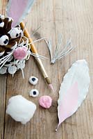 Ingredients needed to make an Easter bunny - pine cones, leaves and fir tree whiskers.
