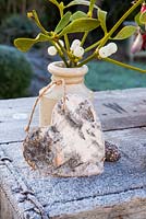 Frosty mistletoe in small earthernware bottle with bark heart