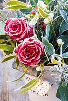 Frosty red roses with christmas foliage in rustic cream bucket