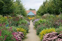 68-metre-long twin herbaceous borders, named 'The Jubilee Walk', backed by hornbeam, and planted with penstemon, salvias, sedum, coreopsis, Lobelia tupa, coneflowers, asters, miscanthus, helianthus and rudbeckias.