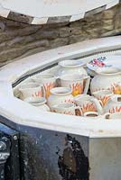 Glazed pottery cooling in the kiln, after firing at a temperature of 1160 degrees.