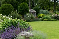 A mixed border with lavender, hydrangea and catmint alongside the lawn, with yew topiary and aviary behind.