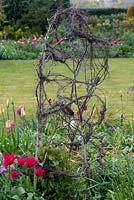 A colourful spring border with tulips surrounding a hand woven silver birch clematis support.
