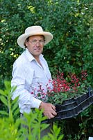 Terry Baker holding a tray of Salvia roemeriana 'Red Dwarf'
