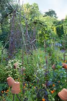 Informal vegetable garden with terracotta pots and rustic plant frames. Garden: Rustling End Cottage, Hertfordshire. Owners: Mr and Mrs Wise