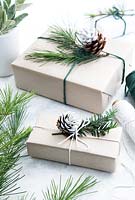 Wrapped presents using brown paper and string with reels of string, decorated with greenery from fir tree,  yew tree and silvery foliage with half dipped pine cones