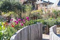 Wooden raised flower bed and gravel path with late summer mixed border behind. Jo Thompson garden Design, Ticehurst, East Sussex