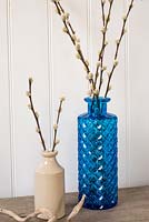 Pussy willow stems displayed in blue glass and pottery bottles