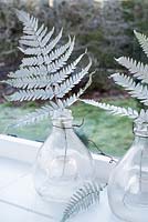 Sprayed fern leaves used as winter decorations in old glass wasp catcher
