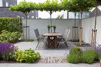 Garden terrace with canopy of Platanus and seating
