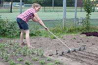 Jessica Zwartjes preparing soil for planting young plants.