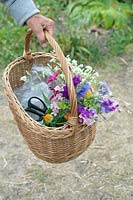 Basket filled with freshly picked wildflowers.