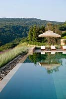 Swimming pool with views across countryside. Castiglion del Bosco. Montalcino, Tuscany, Italy