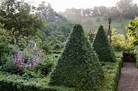 Hanham Court Gardens, Bristol. Early summer garden with parterre, Box topiary