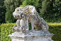 Double headed 17th century lion stone sculpture at Chateau de Brecy, Normandy, France