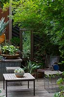 Corner detail of a corrugated iron raised garden bed with a succulent in a dish shaped terracotta pot and a box made from recycled timber with a mirror in it and a green screen of bamboo.