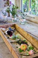 Wooden tray with a selection of button hole arrangements