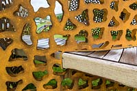Oak bench and corten steel screen  detail - Curves and Cube - RHS Chatsworth Flower Show 2017 - Designer, Builder, Sponsor: Gaze Burvill and David Harber
