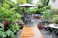 Small modern urban garden full of exotics with decking walkway over slate paving. Metal tables and chairs with a border of Tetrapanax papyrifer, syn. Aralia papyrifer, Dracaena marginata 'Tricolor Rainbow', Dicksonia antarctica, Trachycarpus fortunei, Ferns, Bamboo, Cordyline australis and Ensete ventricosum 'Maurelii'. Pachyphytum oviferum - Moonstones - in pot on table.