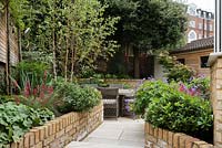 Late Summer garden with raised beds including birch tree