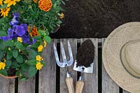 Summer flower arrangement with garden tools